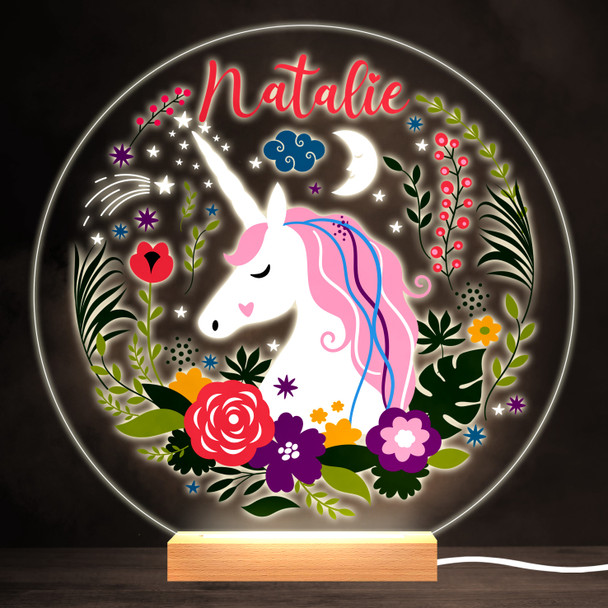 Floral Unicorn Colourful Round Personalised Gift Warm White LED Lamp Night Light