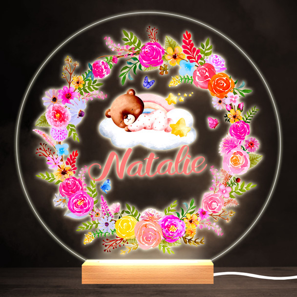 Floral Wreath Sleeping Bear Colourful Round Personalised Gift Lamp Night Light