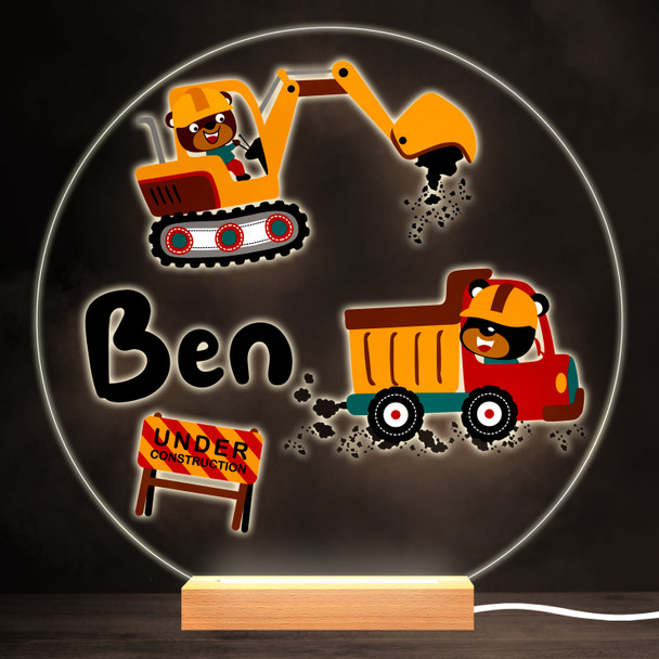 Funny Bear Construction Cars Colourful Round Personalised Gift Lamp Night Light