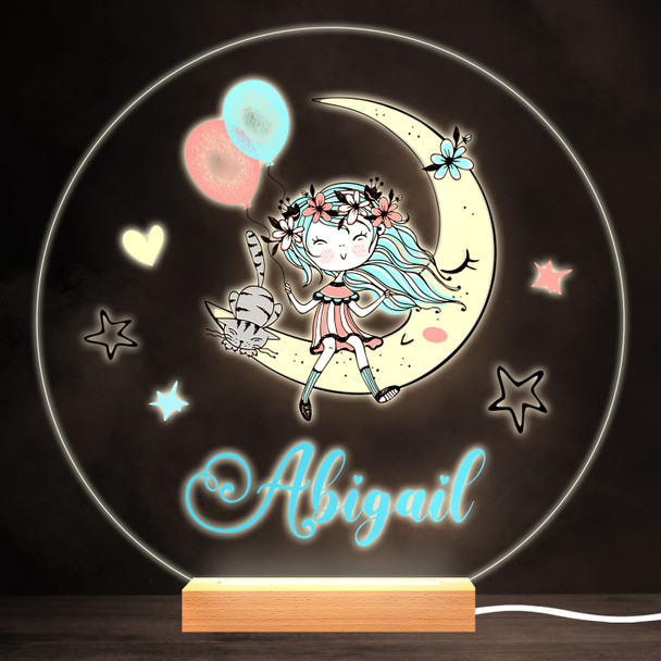 Girl At Night Moon Colourful Round Personalised Gift LED Lamp Night Light