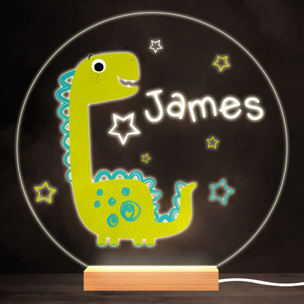 Green Happy Dinosaur Colourful Round Personalised Gift LED Lamp Night Light