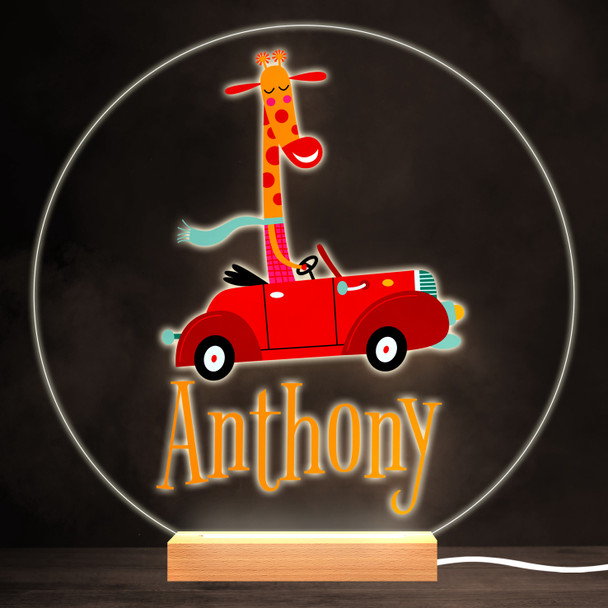 Red Car Driving Giraffe Colourful Round Personalised Gift LED Lamp Night Light