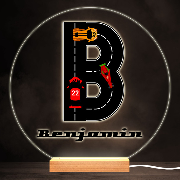 Road Racing Cars Letter B Colourful Round Personalised Gift LED Lamp Night Light