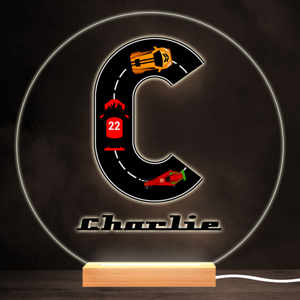 Road Racing Cars Letter C Colourful Round Personalised Gift LED Lamp Night Light