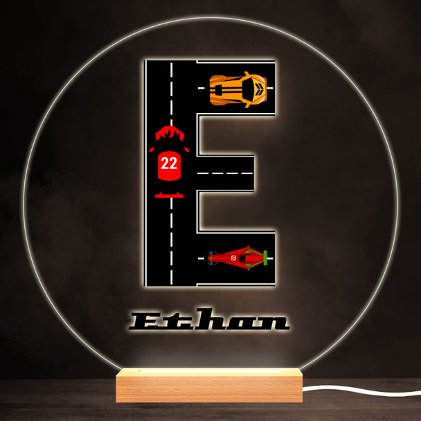 Road Racing Cars Letter E Colourful Round Personalised Gift LED Lamp Night Light
