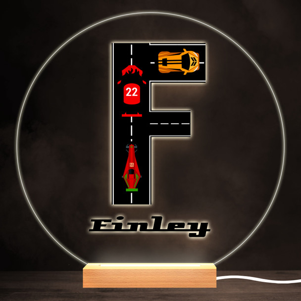 Road Racing Cars Letter F Colourful Round Personalised Gift LED Lamp Night Light