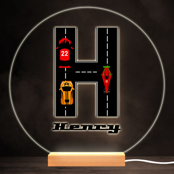 Road Racing Cars Letter H Colourful Round Personalised Gift LED Lamp Night Light