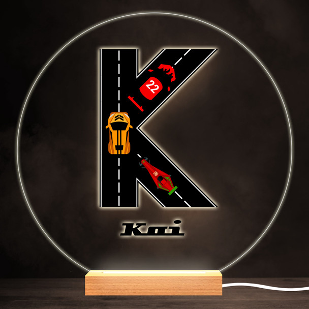 Road Racing Cars Letter K Colourful Round Personalised Gift LED Lamp Night Light
