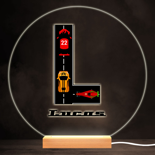 Road Racing Cars Letter L Colourful Round Personalised Gift LED Lamp Night Light