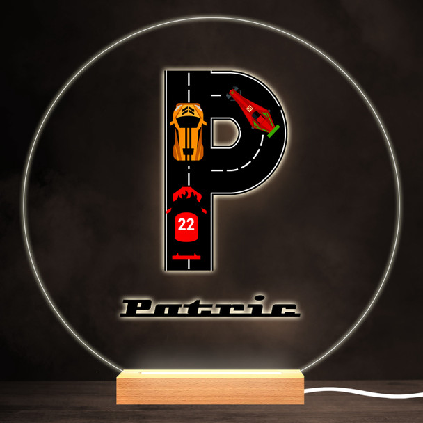 Road Racing Cars Letter P Colourful Round Personalised Gift LED Lamp Night Light