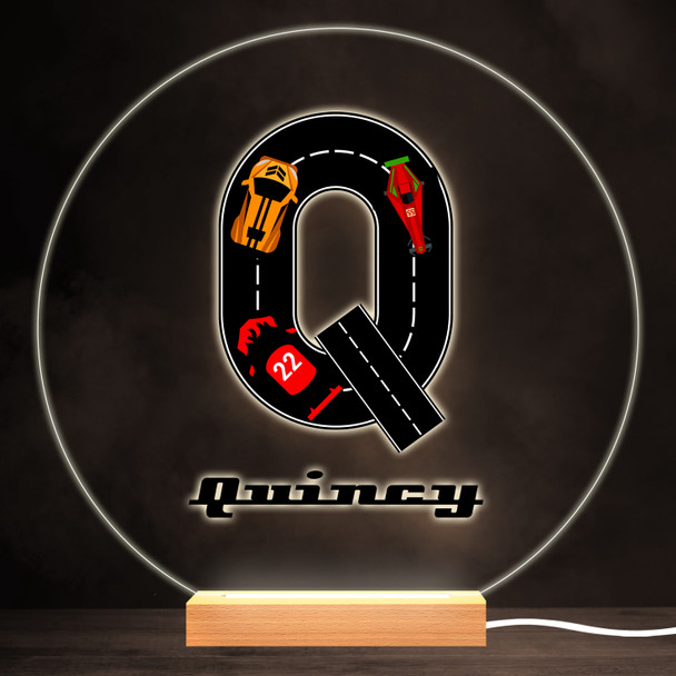 Road Racing Cars Letter Q Colourful Round Personalised Gift LED Lamp Night Light