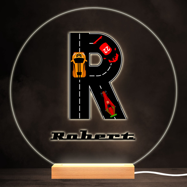 Road Racing Cars Letter R Colourful Round Personalised Gift LED Lamp Night Light