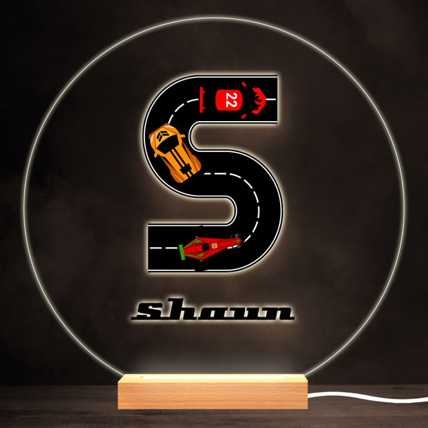 Road Racing Cars Letter S Colourful Round Personalised Gift LED Lamp Night Light