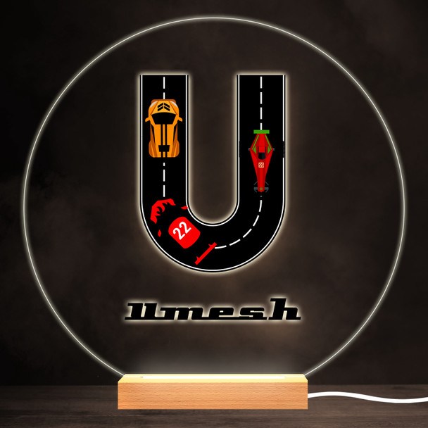 Road Racing Cars Letter U Colourful Round Personalised Gift LED Lamp Night Light