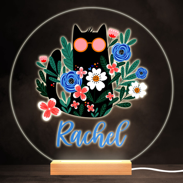 Cat Glasses Cool Cat Flowers Girl Round Personalised Gift Lamp Night Light