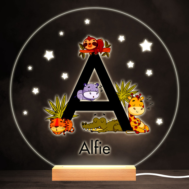 Sleeping Baby Safari Animals Letter A Round Personalised Gift Lamp Night Light