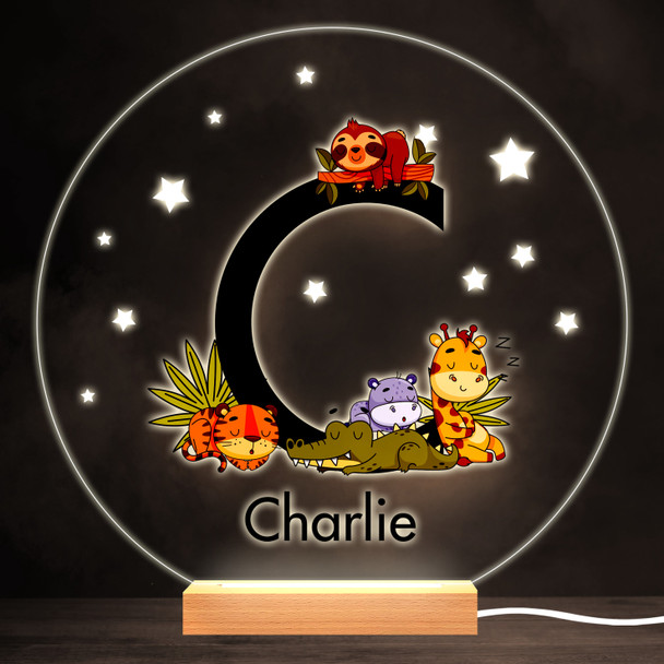 Sleeping Baby Safari Animals Letter C Round Personalised Gift Lamp Night Light