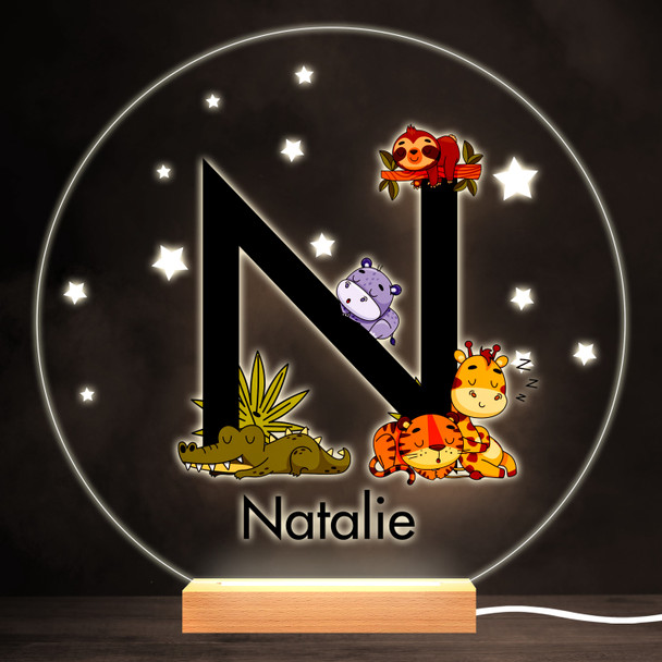 Sleeping Baby Safari Animals Letter N Round Personalised Gift Lamp Night Light