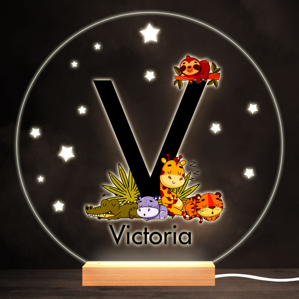 Baby Safari Animals Letter V Colourful Round Personalised Gift Lamp Night Light