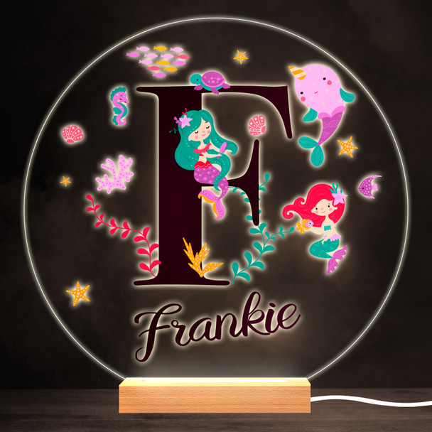 Sealife With Mermaids Alphabet Letter F Round Personalised Gift Lamp Night Light