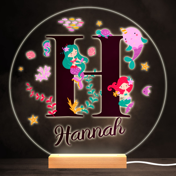 Sealife With Mermaids Alphabet Letter H Round Personalised Gift Lamp Night Light