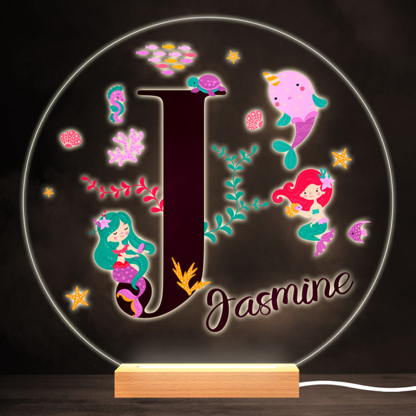 Sealife With Mermaids Alphabet Letter J Round Personalised Gift Lamp Night Light