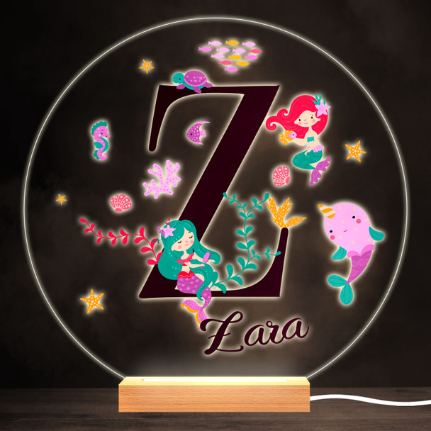 Sealife With Mermaids Alphabet Letter Z Round Personalised Gift Lamp Night Light