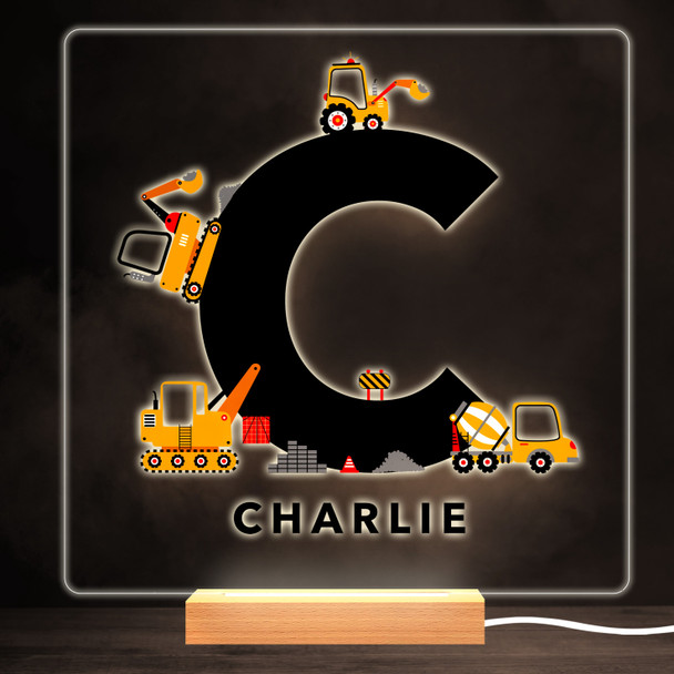 Construction Vehicles Alphabet Letter C Square Personalised Gift Night Light