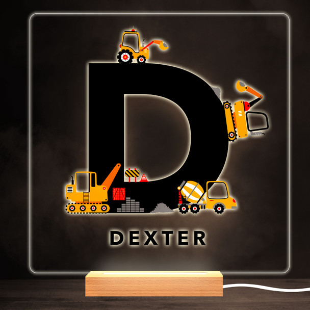 Construction Vehicles Alphabet Letter D Square Personalised Gift Night Light