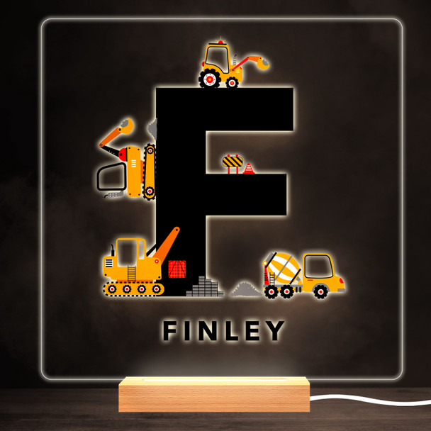 Construction Vehicles Alphabet Letter F Square Personalised Gift Night Light