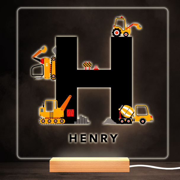 Construction Vehicles Alphabet Letter H Square Personalised Gift Night Light