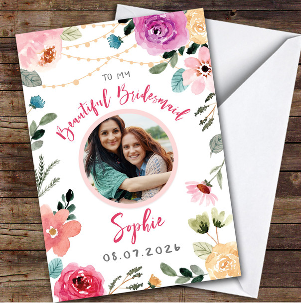 Beautiful Bridesmaid Wedding Bright Flowers Photo Thank You Personalised Card
