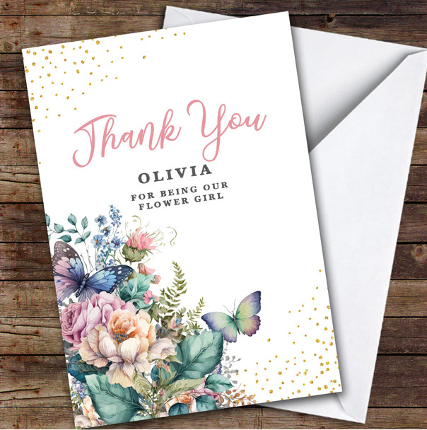 Watercolour Floral Butterflies Gold Dots Thank You Flower Girl Personalised Card