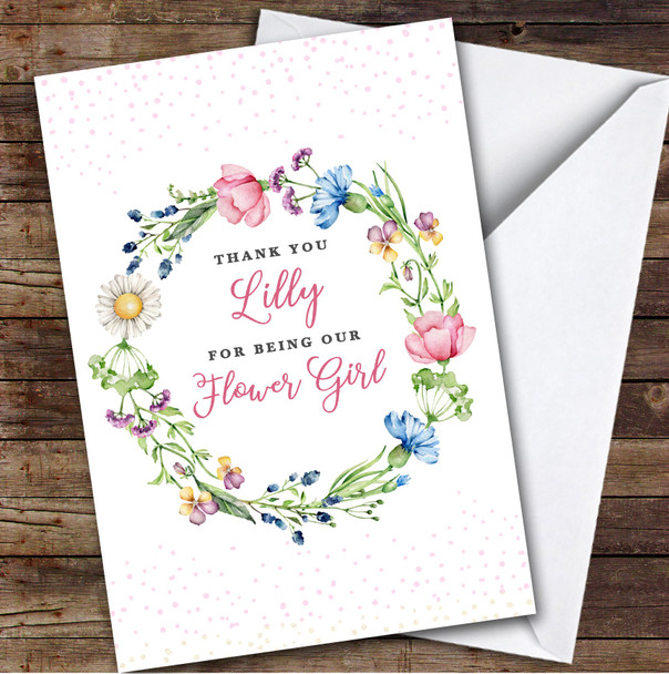 Watercolour Pink Blue Floral Wreath Thank You Flower Girl Personalised Card