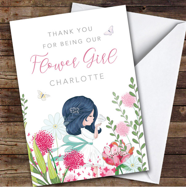 Cute Girl Holding Butterfly Thank You Flower Girl Personalised Greetings Card