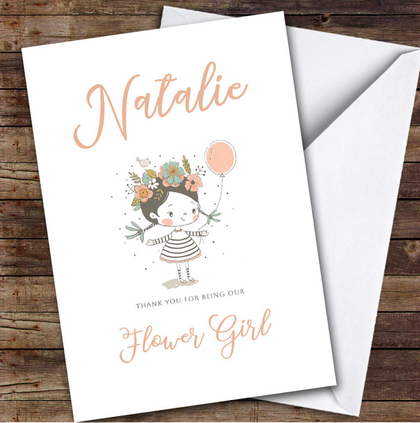 Cute Girl Holding Balloon Thank You Flower Girl Personalised Greetings Card
