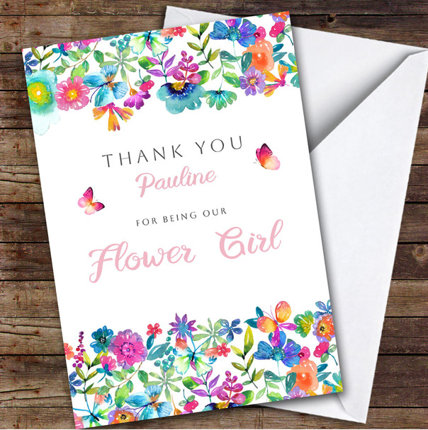 Floral Watercolour Thank You Flower Girl Personalised Greetings Card