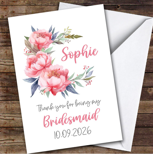 Thank You Bridesmaid Pink Flowers Floral Personalised Greetings Card Thank You Bridesmaid Pink Flowers Floral Personalised Greetings Card