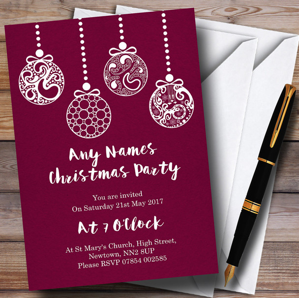 Purple Red Baubles Customised Christmas Party Invitations