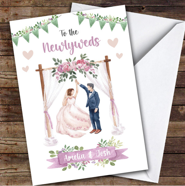 To The Newlyweds Painted Couple Pink Purple Flowers Personalised Greetings Card