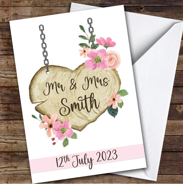 Mr & Mrs Sign Wedding Day Sign Rustic Pink Floral Personalised Greetings Card