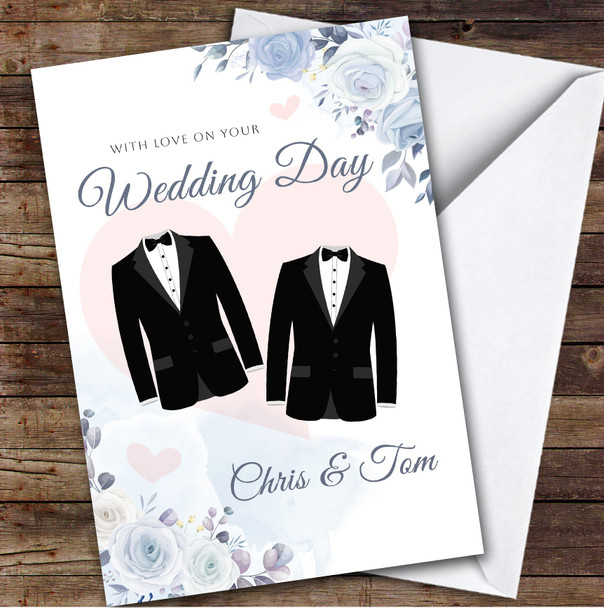 On Your Wedding Day Men's Suits Blue Floral Personalised Greetings Card