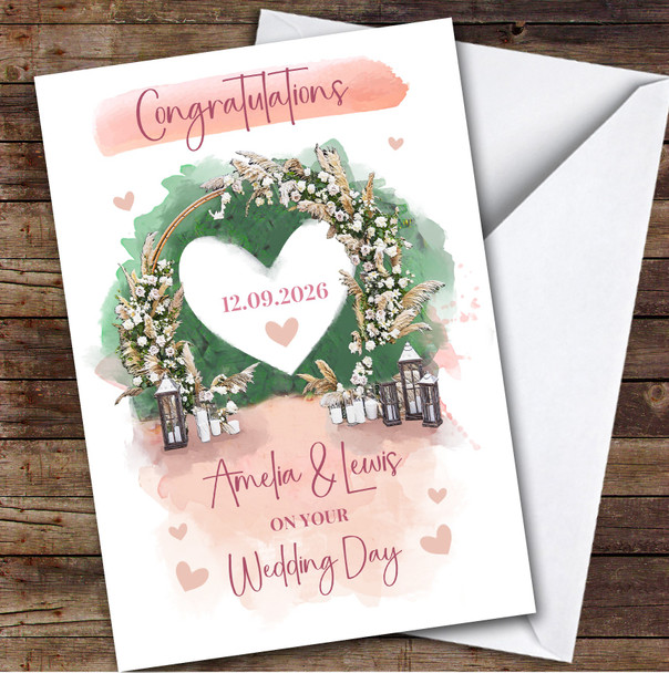 Wedding Day Pink Painted Modern Arch Hearts Personalised Greetings Card