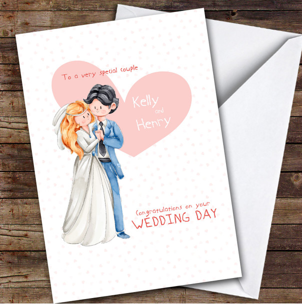 Cute Watercolour Wedding Day Couple Heart Personalised Greetings Card
