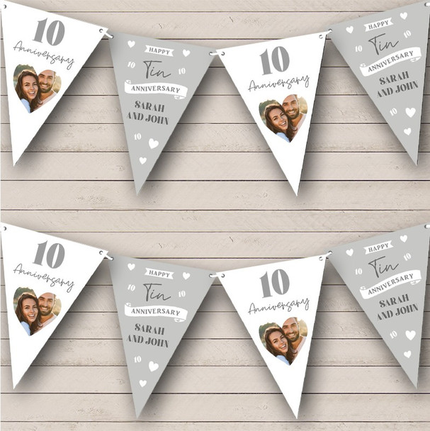 10th Wedding Anniversary Tin Photo Hearts Grey Stars Personalised Banner Bunting