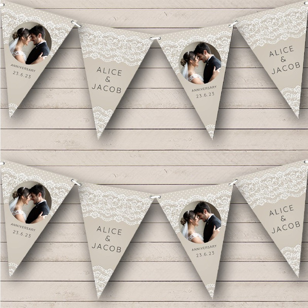 Cream Beige Lace Polka Dot Wedding Photo Anniversary Personalised Banner Bunting