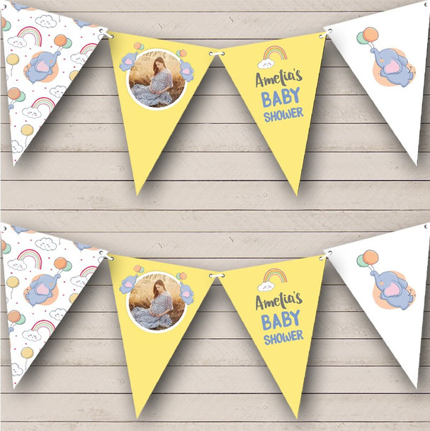 Baby Shower Cute Baby Elephant Rainbow Photo Yellow Personalised Banner Bunting