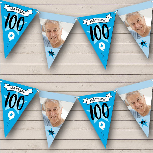 100th Birthday Male Blue Photo Star Banner Balloon Personalised Banner Bunting