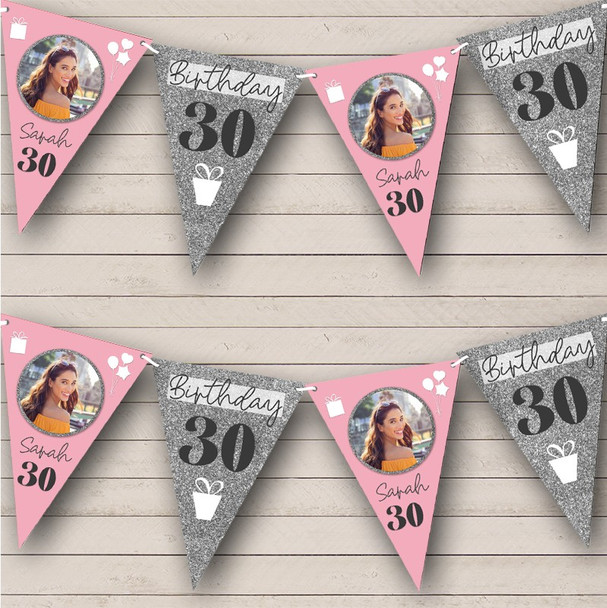 30th Birthday Gift Balloons Silver Glitter Pink Photo Personalised Bunting