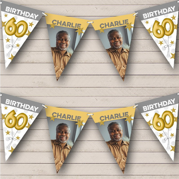 60th Birthday Balloons Photo Gold Grey Stars Personalised Party Banner Bunting